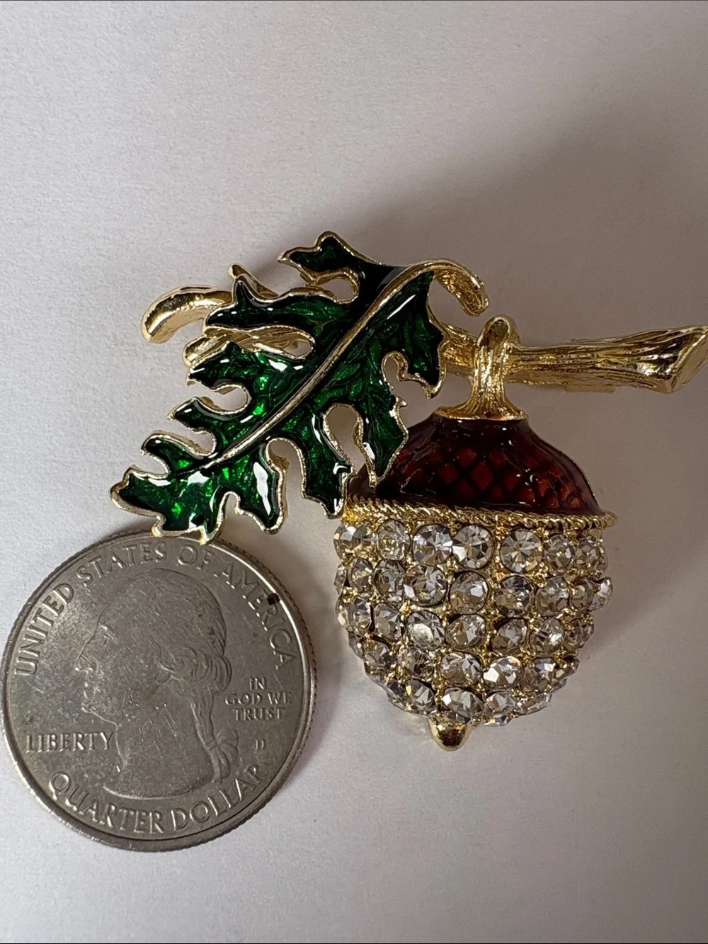 Gold Tone Crystal Acorn Pin with Green Enamel Leaf